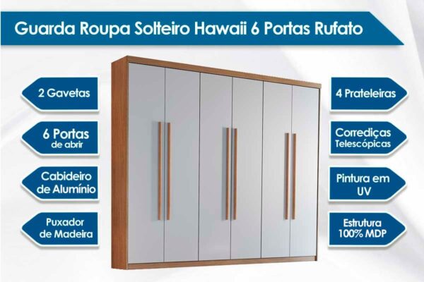 GUARDA ROUPA HAWAI 1.80 C/ 6 PORTAS E 2 GAVETAS - RUFATO - Imagem 13