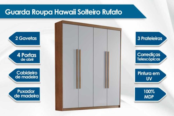 GUARDA ROUPA HAWAI 1.21 C/ 4 PORTAS E 2 GAVETAS - RUFATO - Imagem 11
