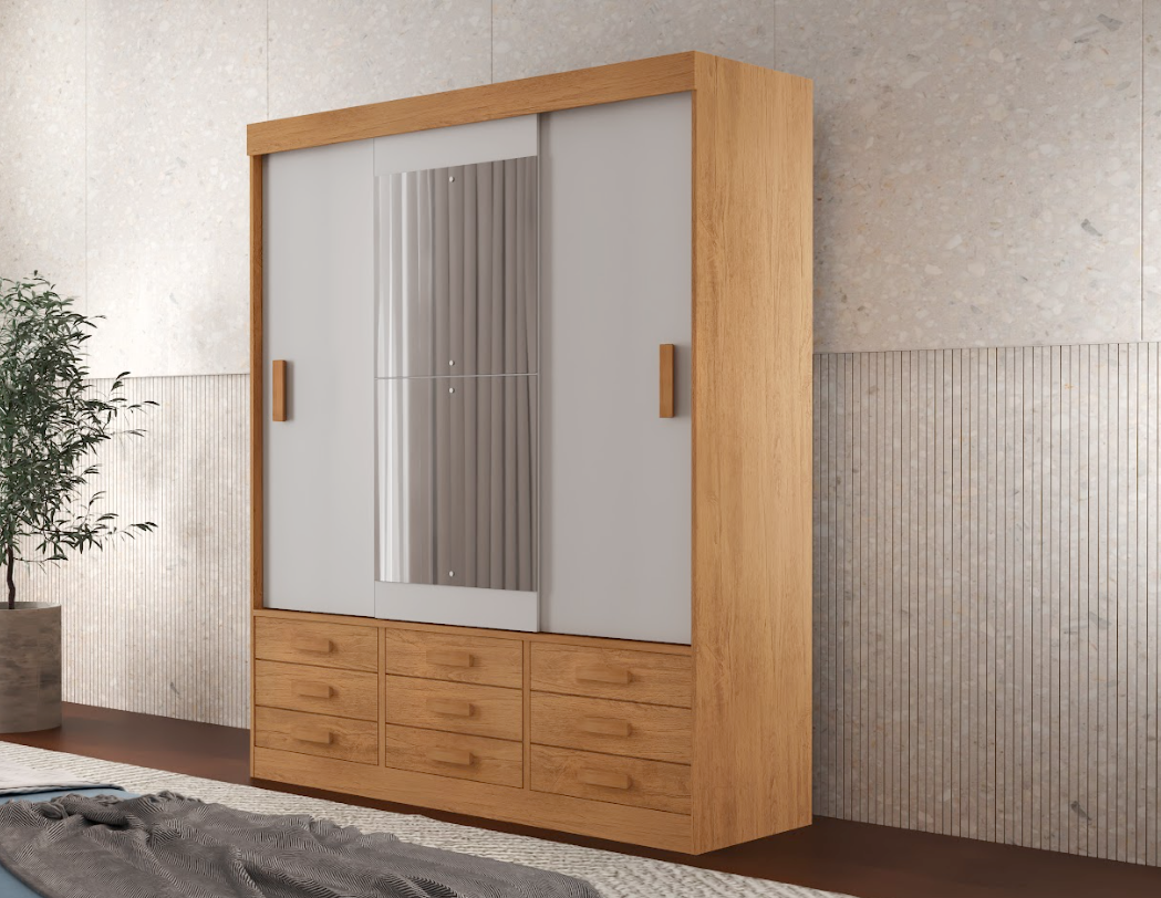 GUARDA ROUPA TEXAS/DETROID 1.80 C/ 3 PORTAS DE CORRER 9 GAVETAS - RUFATO