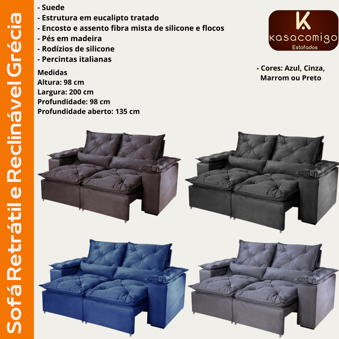 PROMOÇÃO SOFÁ RETRÁTIL E RECLINÁVEL GRÉCIA 2M KASA COMIGO Atacadão