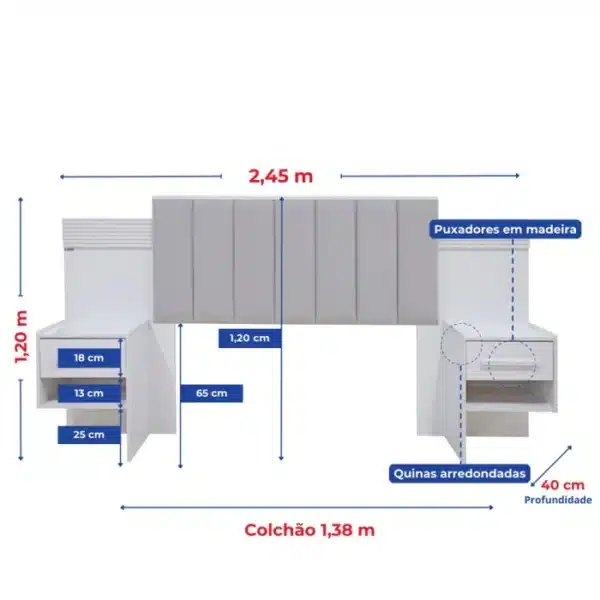 CABECEIRA IRIS CASAL ESTOFADA C/ DETALHE RIPADO E 2 MESAS CABECEIRA - 100%MDF - DDORO - Imagem 2
