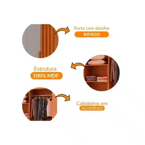GUARDA ROUPA CAIRO 2.0 C/ 6 PORTAS (2 RIPADA)  C/ PUXADOR DE MADEIRA – RUFATO - Imagem 2