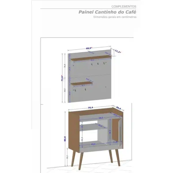 APARADOR CANTINHO DO CAFÉ COM PÉS PALITO RETRÔ + PAINEL - 70CM - BECHARA - Image 4