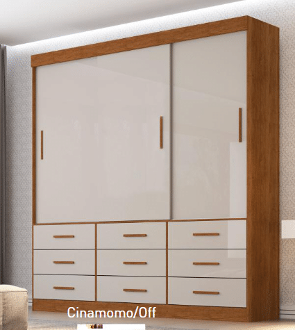 GUARDA ROUPA NEW STAR 1.80 C/ 3 PORTAS DE CORRER 9 GAVETAS – SALLETO - CINAMONO OFF, Sem Espelho