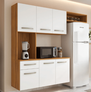 COZINHA BELÍSSIMA 1.65 C/ 6 PORTAS 1 GAVETA E AÉREO GELADEIRA - FIORELO - FREIJO OFF