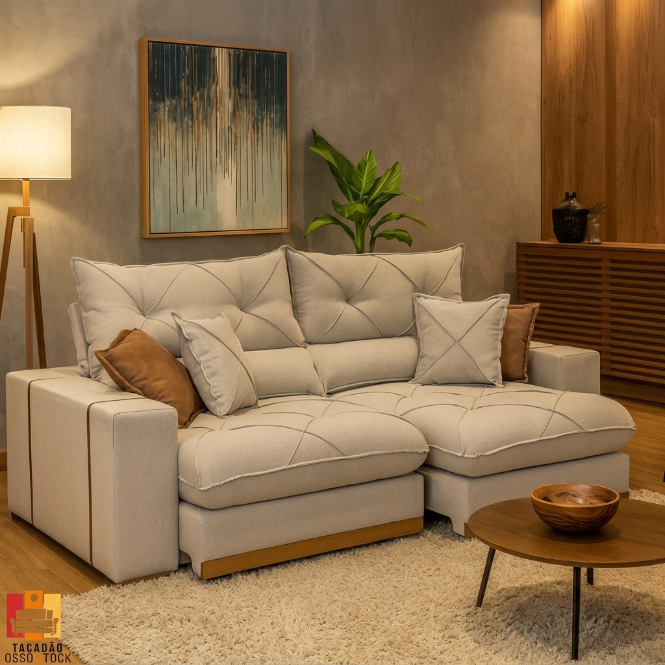 SOFÁ GRAN BELLO PLUS 2.50 RETRÁTIL E RECLINÁVEL MOLAS ENSACADAS E 04 ALMOFADAS DECORATIVAS