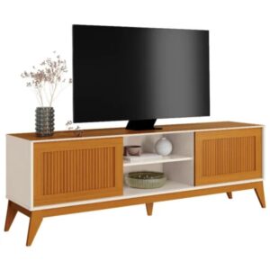 RACK BANCADA KING 1.80 RIPADO EM 3D - PARA TV ATÉ 65 POLEGADAS E PORTAS DESLIZANTES - EDN MÓVEIS - OFF WHITE / CEDRO RIPADO