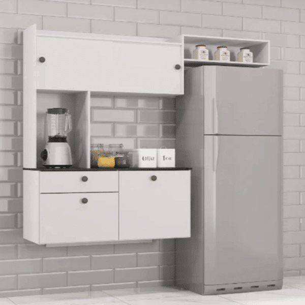 COZINHA SUSPENSA LARA 1.50 - 4 PORTAS, 1 GAVETA E AÉREO GELADEIRA - POQUEMA
