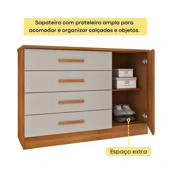 CÔMODA BARCELONA 1.34 - 4 GAVETAS 1 PORTA SAPATEIRA RIPADO - TCIL - Imagem 6