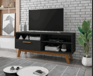 RACK PALÁDIO 1.35 - PARA TV ATÉ 55 POLEGADAS E ESTILO RETRÔ, PÉS MADEIRA MACIÇA - BECHARA - PRETO FOSCO