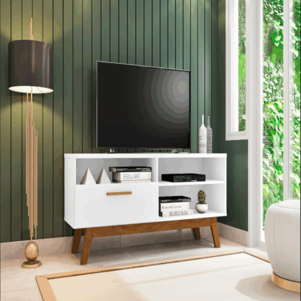 RACK PALÁDIO 1.35 - PARA TV ATÉ 55 POLEGADAS E ESTILO RETRÔ, PÉS MADEIRA MACIÇA - BECHARA