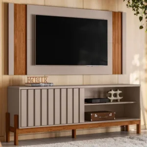 KIT PAINEL REAL EXTENSÍVEL E RACK NEW AURORA 1.88 PORTA RIPADA P/ TV ATÉ 65 POLEGADAS - MOBLER - GRIGIO FOSCO/CINAMOMO MEL