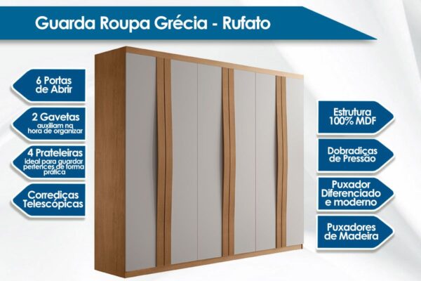 GUARDA ROUPA GRÉCIA 2.0 C/ 6 PORTAS 2 GAVETAS  – RUFATO - Imagem 6