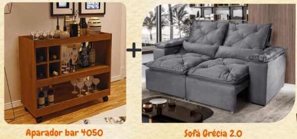 COMBO SOFÁ GRÉCIA 1,95 (B ESTOFADOS) + APARADOR BAR 4050 (JB MÓVEIS)