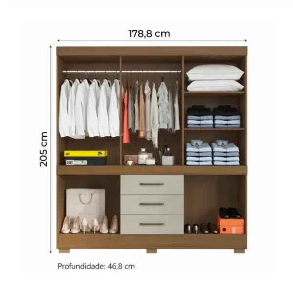 GUARDA ROUPA MÔNACO 1.79 C/ 10 PORTAS 3 GAVETAS CORREDIÇA TELESCÓPICA - ARAMÓVEIS - Imagem 4