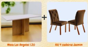 COMBO MESA DE JANTAR 120 CM LOS ANGELES (MINASPLAC) + 4 CADEIRAS JASMIM/YASMIM - CINAMOMO-OFF/MARROM