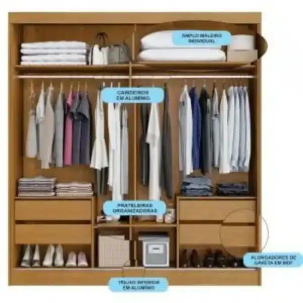 GUARDA ROUPA VIENA 2.05 C/ 2 PORTAS 1 ESPELHADA E 4 GAVETAS - BIANCHI - Imagem 6
