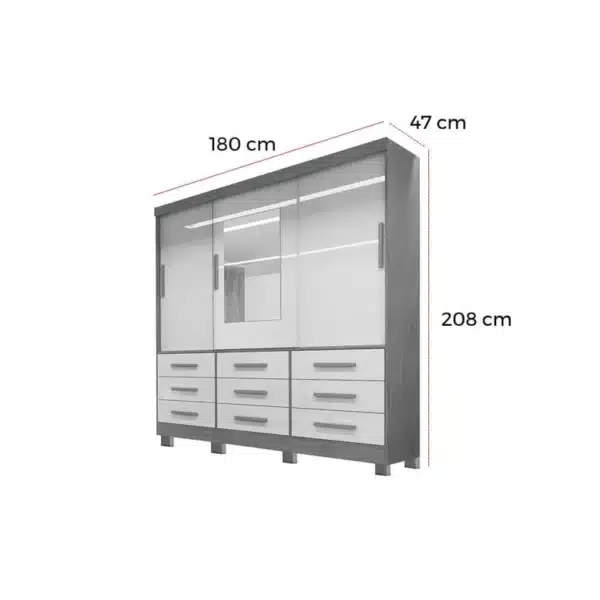 GUARDA ROUPA ATHENAS 1.80 -3 PORTAS DE CORRER (1 ESPELHADA) E 9 GAVETAS EXTERNAS - BIANCHI - Imagem 3