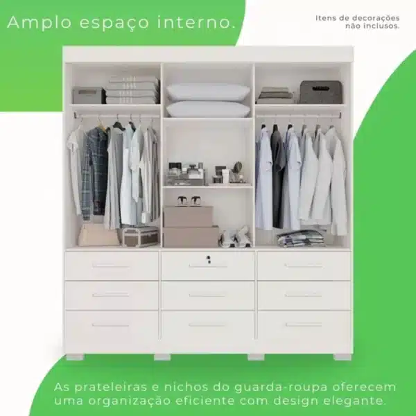GUARDA ROUPA ATHENAS 1.80 -3 PORTAS DE CORRER (1 ESPELHADA) E 9 GAVETAS EXTERNAS - BIANCHI - Imagem 6