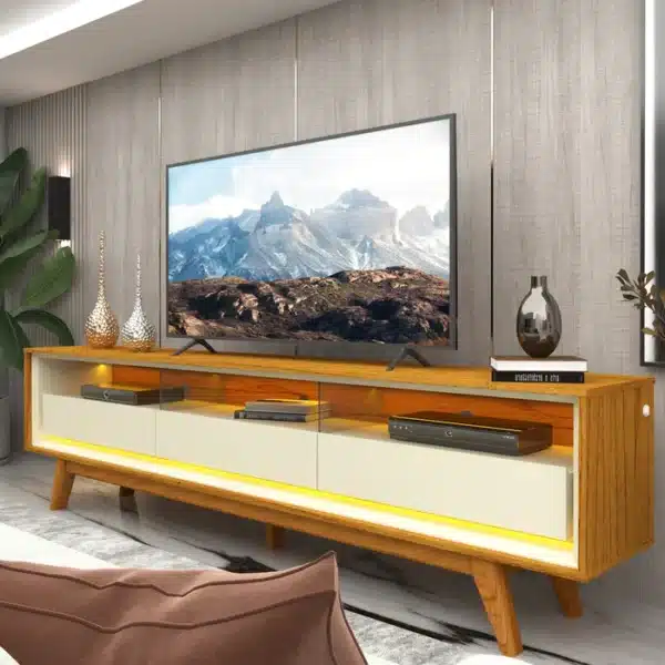 RACK REQUINTE 212  PARA TV ATÉ 85 POLEGADAS C/LED PÉS DE MADEIRA MACIÇA 100% MDF - GELIUS