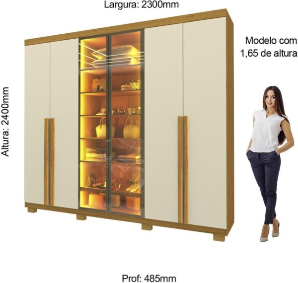 GUARDA ROUPA IMPERATRIZ 2.30 C/ 6 PORTAS (2 COM VIDRO)  REFLECTA LUZ DE LED 100% MDF - GELIUS - Imagem 3