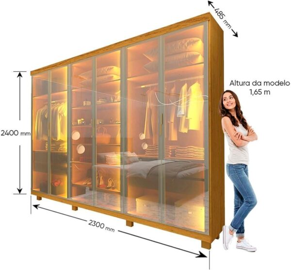 GUARDA ROUPA IMPERATRIZ 2.30 C/ 6 PORTAS EM VIDRO REFLECTA LUZ DE LED 100% MDF - GELIUS - Imagem 2