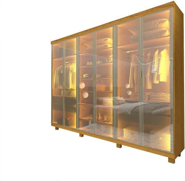 GUARDA ROUPA IMPERATRIZ 2.30 C/ 6 PORTAS EM VIDRO REFLECTA LUZ DE LED 100% MDF - GELIUS - Imagem 3