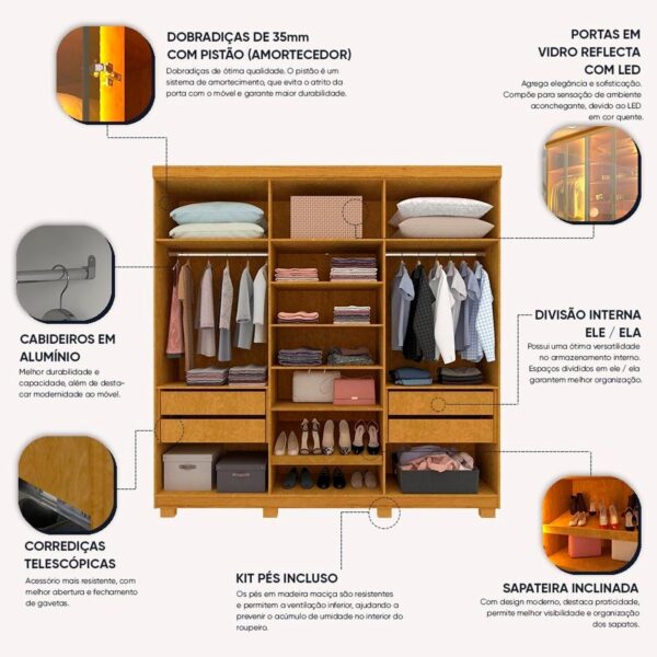 GUARDA ROUPA IMPERATRIZ 2.30 C/ 6 PORTAS EM VIDRO REFLECTA LUZ DE LED 100% MDF - GELIUS - Imagem 4