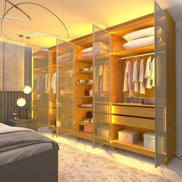 GUARDA ROUPA IMPERATRIZ 2.30 C/ 6 PORTAS EM VIDRO REFLECTA LUZ DE LED 100% MDF - GELIUS - Imagem 6