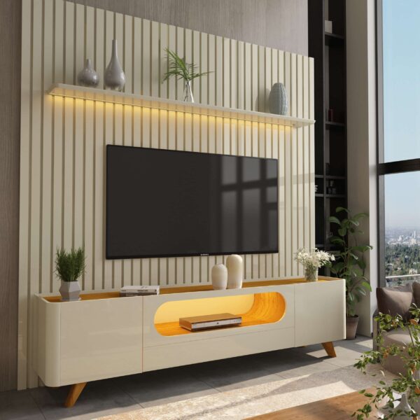 KIT PAINEL + RACK NOBRE C/ 2 PORTAS 1 GAVETA E NINCHO C/ LED - TV ATÉ 84 POLEGADAS - GELIUS