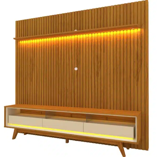 KIT PAINEL NOBRE RIPADO 2.30+RACK REQUINTE 2.12-100% MDF 3 GAVETAS, NICHO COM DIVISÓRIAS E VIDRO TV ATÉ 75 - GELIUS - Imagem 2