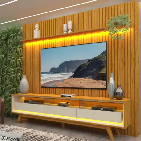 KIT PAINEL NOBRE RIPADO 2.30+RACK REQUINTE 2.12-100% MDF 3 GAVETAS, NICHO COM DIVISÓRIAS E VIDRO TV ATÉ 75 - GELIUS - Imagem 3