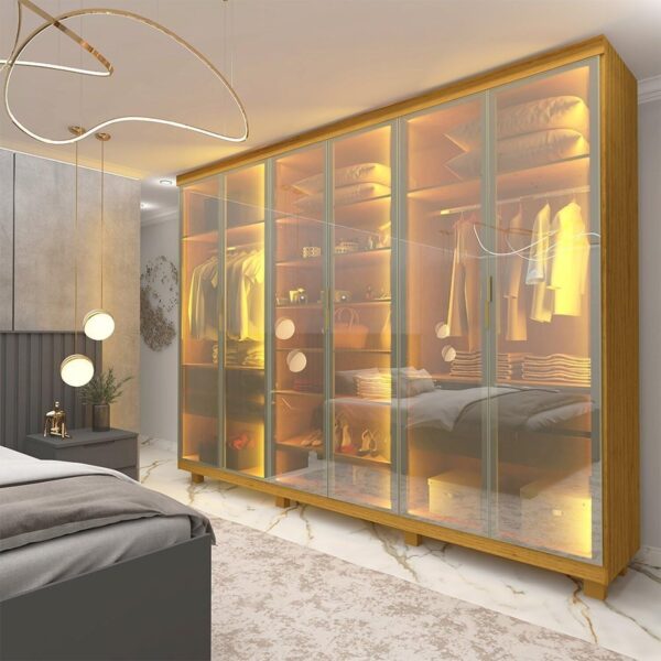 GUARDA ROUPA IMPERATRIZ 2.30 C/ 6 PORTAS EM VIDRO REFLECTA LUZ DE LED 100% MDF - GELIUS
