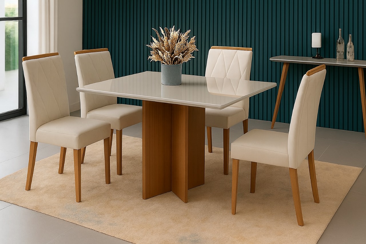 PROMOÇÃO - COMBO MESA LOS ANGELES 1.20 CM C/ 4 CADEIRAS ISA ESTOFADA MADEIRA MACIÇA - MINASPLAC