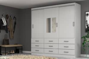 GUARDA ROUPA ISABELA 1.50 C/ 3 PORTAS E 9 GAVETAS - EVIDÊNCIA - BRANCO, Com Espelho