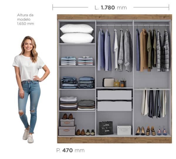 GUARDA ROUPA PARIS 1.80 CM - 6 PORTAS 2 GAVETAS INTERNAS C/ CORREDIÇAS TELESCÓPICAS – MAXEL - Imagem 4