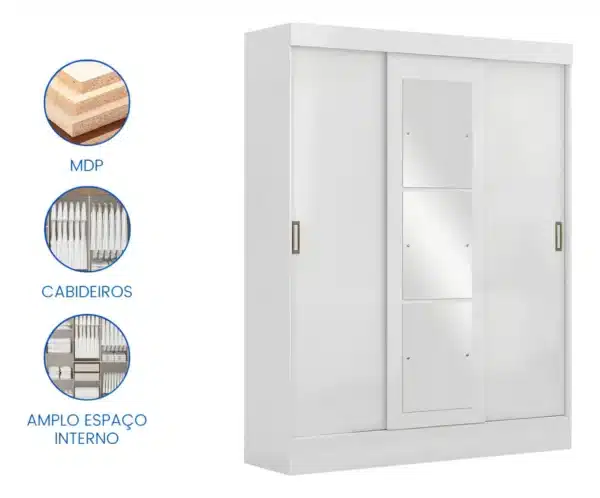 GUARDA ROUPA SAN MARINO 1.60 CM C/ ESPELHO 3 PORTAS DE CORRER 2 GAVETAS INTERNAS -MAXEL - Imagem 2