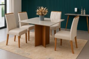 PROMOÇÃO - COMBO MESA LOS ANGELES 0.90 CM C/ 4 CADEIRAS ISA ESTOFADA MADEIRA MACIÇA – MINASPLAC
