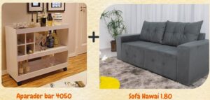 COMBO SOFÁ HAWAI 1.80 (VILMA ESTOFADOS) + APARADOR BAR 4050 (JB MÓVEIS) - OFF WHITE+CINZA
