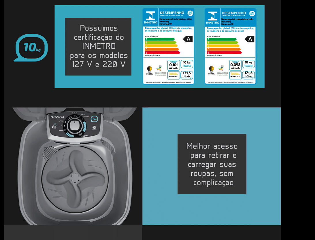 LAVADORA DE ROUPA TANQUINHO SEMIAUTOMÁTICA 10 KG - NEWMAQ - Imagem 3
