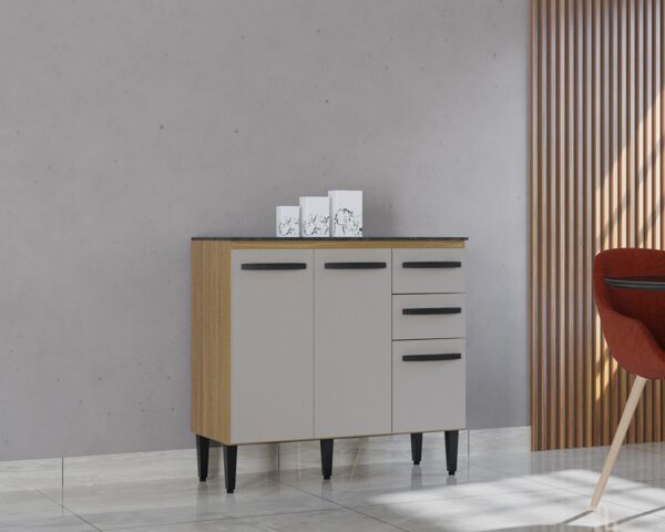BALCÃO DE COZINHA ISADORA 90 CM - COM TAMPO, 3 PORTAS E 2 GAVETAS - POQUEMA - Imagem 3