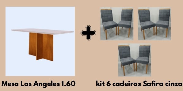 MESA DE JANTAR LOS ANGELES 1.60 - (MINAS PLAC) C/6 CADEIRAS SAFIRA - KM DECOR