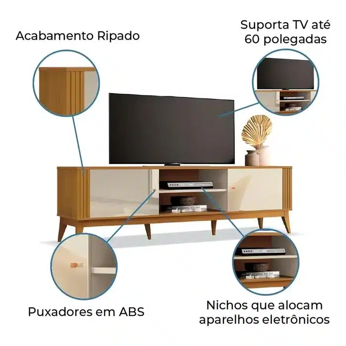 RACK LEGACY 1.60 - PARA TV ATÉ 60 POLEGADAS E 2 PORTAS C/ DETALHE RIPADO - EDN MÓVEIS - Imagem 5