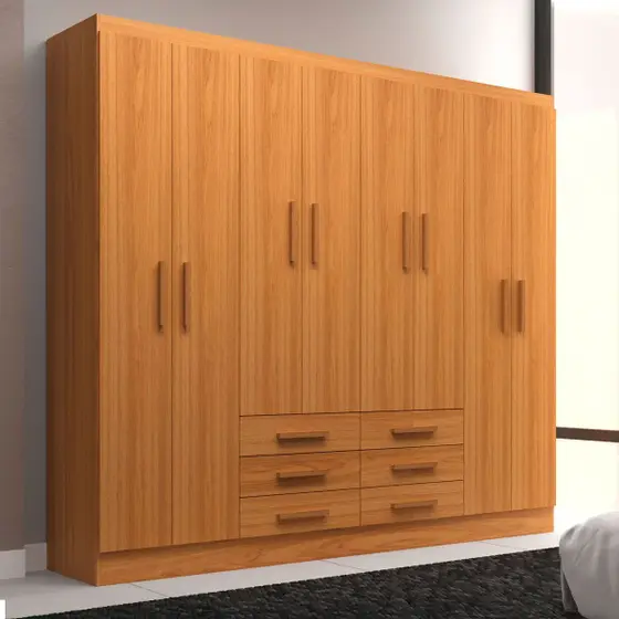 GUARDA ROUPA PARIS 1.85 COM 8 PORTAS 6 GAVETAS E PUXADORES EM MADEIRA - EVIDÊNCIA