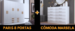 GUARDA ROUPA PARIS 1.85 COM 8 PORTAS 6 GAVETAS + COMODA MARBELA - EVIDÊNCIA