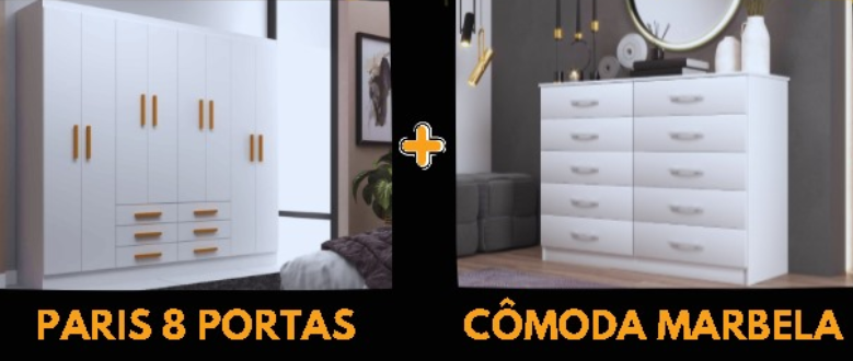 GUARDA ROUPA PARIS 1.85 COM 8 PORTAS 6 GAVETAS + COMODA MARBELA - EVIDÊNCIA