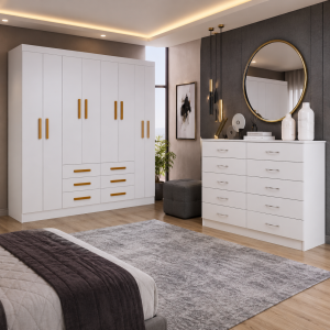 COMBO - GUARDA ROUPA PARIS 1.85 COM 8 PORTAS 6 GAVETAS + COMODA MARBELA - EVIDÊNCIA