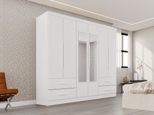 GUARDA ROUPA TEXAS/HERCULES C/ 6 PORTAS E 4 GAVETAS - SALLETO - BRANCO, Com Espelho