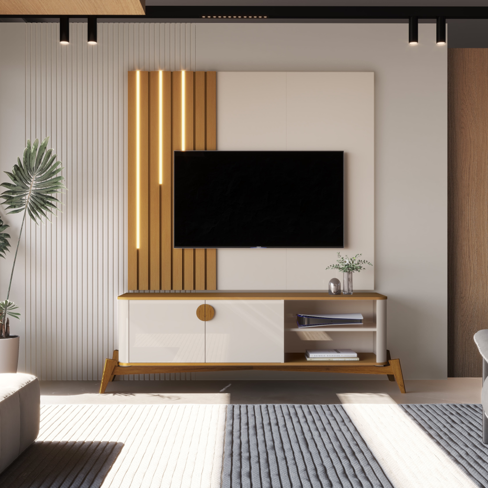 PAINEL BOTO + BANCADA BURITI 1.40 CM - COM PÉS E PUXADORES EM MADEIRA MACIÇA