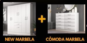 COMBO GUARDA ROUPA NEW MARBELA 1.36 C/ 7 PORTAS e 1 GAVETA + CÔMODA MARBELA- EVIDENCIA